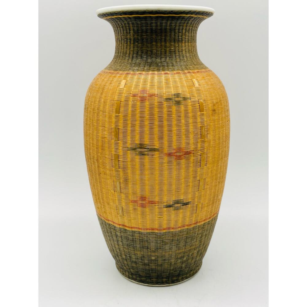 Vintage Fine Woven Bamboo Wrapped Encased Porcelain Vase Chinese Crafted